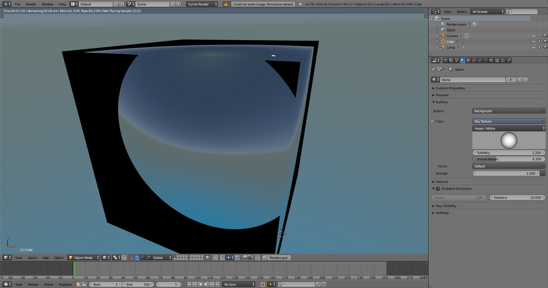 Ein Würfel mit einem voll spiegelnden Material in Blender. Es ist zu sehen, dass die Interpolation von Normalen durch Smooth (Phong) Shading, ohne dabei die Geometrie entsprechend zu tesselieren, zu Problemen bei spiegelnden Materialen führen kann. Ein Würfel mit einem voll spiegelnden Material in Blender. Es ist zu sehen, dass die Interpolation von Normalen durch Smooth (Phong) Shading, ohne dabei die Geometrie entsprechend zu tesselieren, zu Problemen bei spiegelnden Materialen führen kann.